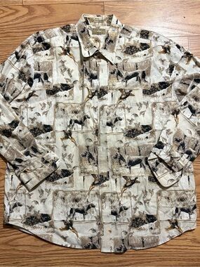 Vintage Natural Issue Outdoor Pheasant Dog Hunting Button Front Shirt XL